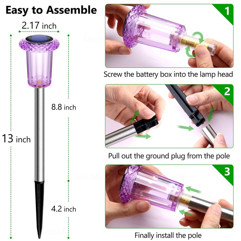 Purple solar stake light with clear ridged head, stainless pole, and pointed ground plug