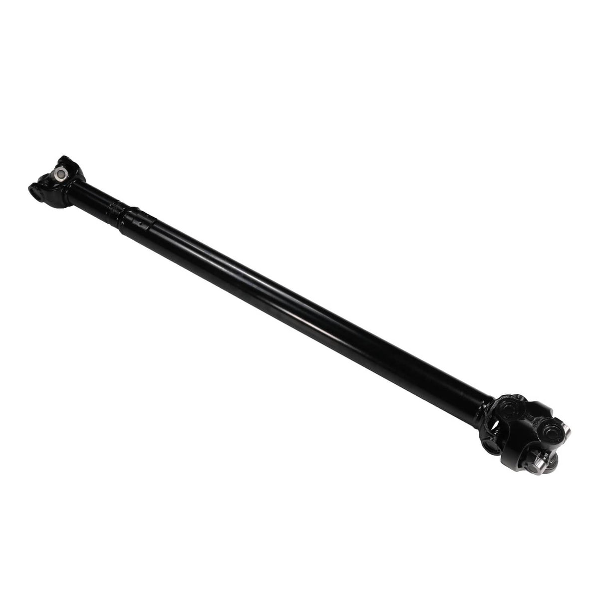 Front drive shaft assembly side view, black tube with universal-joint ends