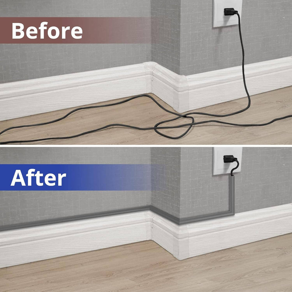 Gray corner cable concealer installed on an interior wall for tidy cord management.