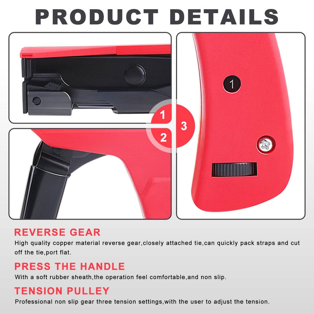 Red and black cable tie gun close-up showing handle grip and side control