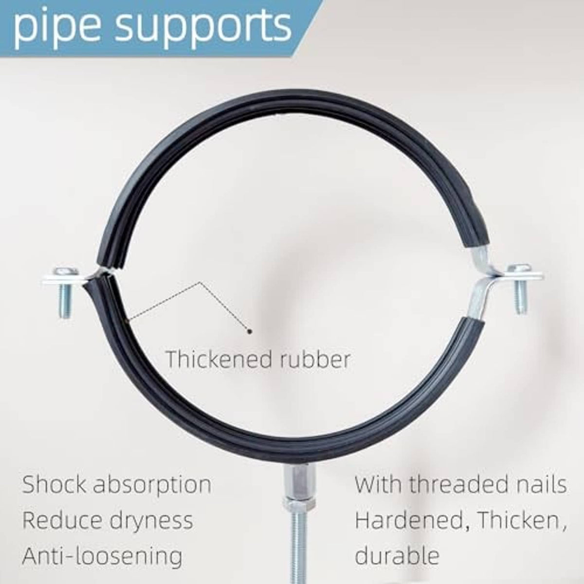 Black rubber pipe hanger loop with shock-absorbing design and threaded nail base