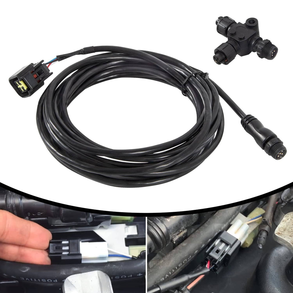 Engine interface cable with T-connector, coiled black cable and multi-pin plug end.
