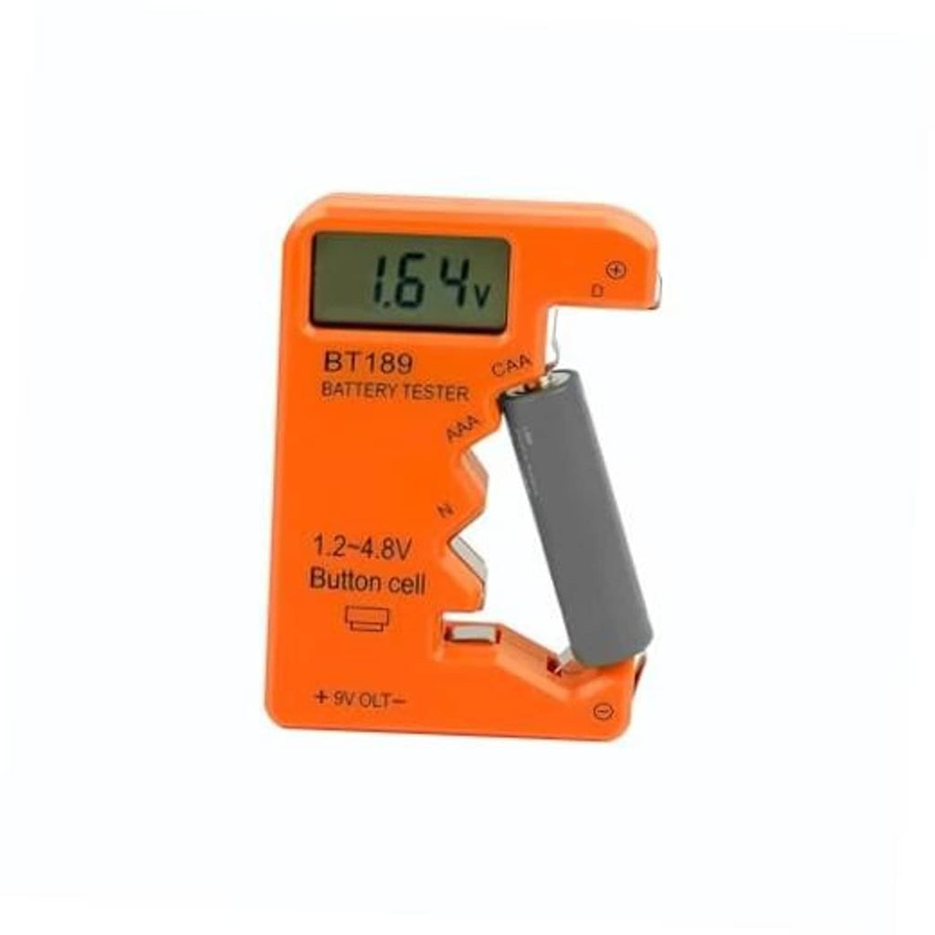 Orange digital battery tester with LCD display and clip for AA/AAA/C/D and 9V