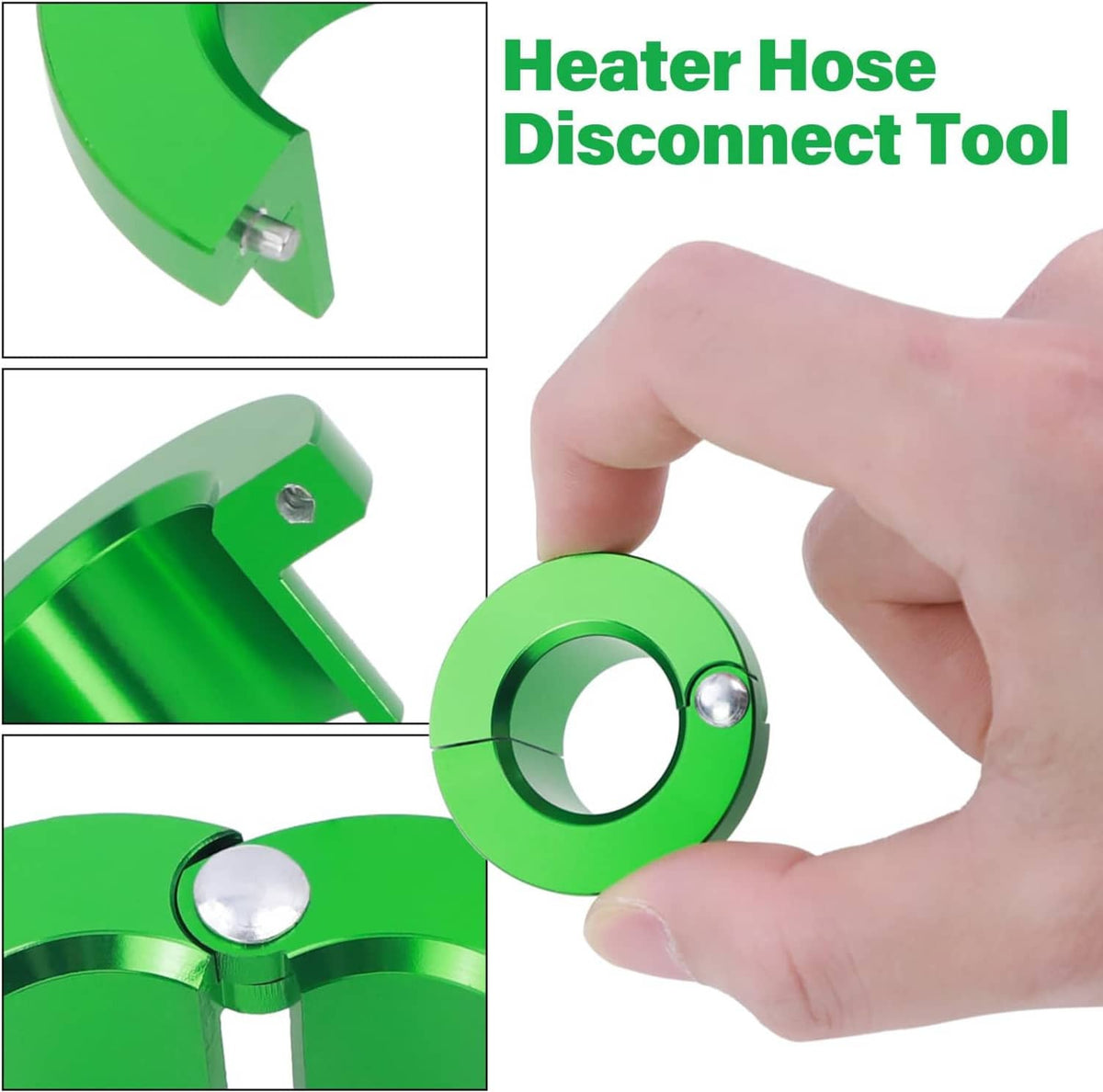 Green heater hose disconnect tool with metal latch; shown being pulled by hand