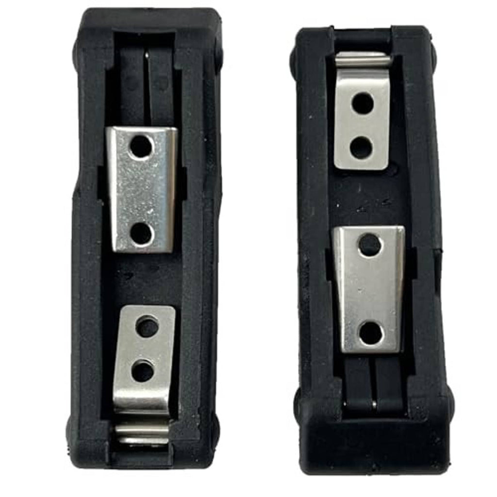 Two black latch housings with silver metal plates and mounting springs