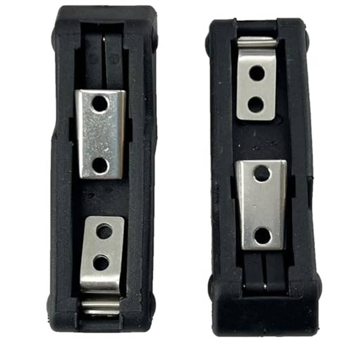 Two black latch housings with silver metal plates and mounting springs