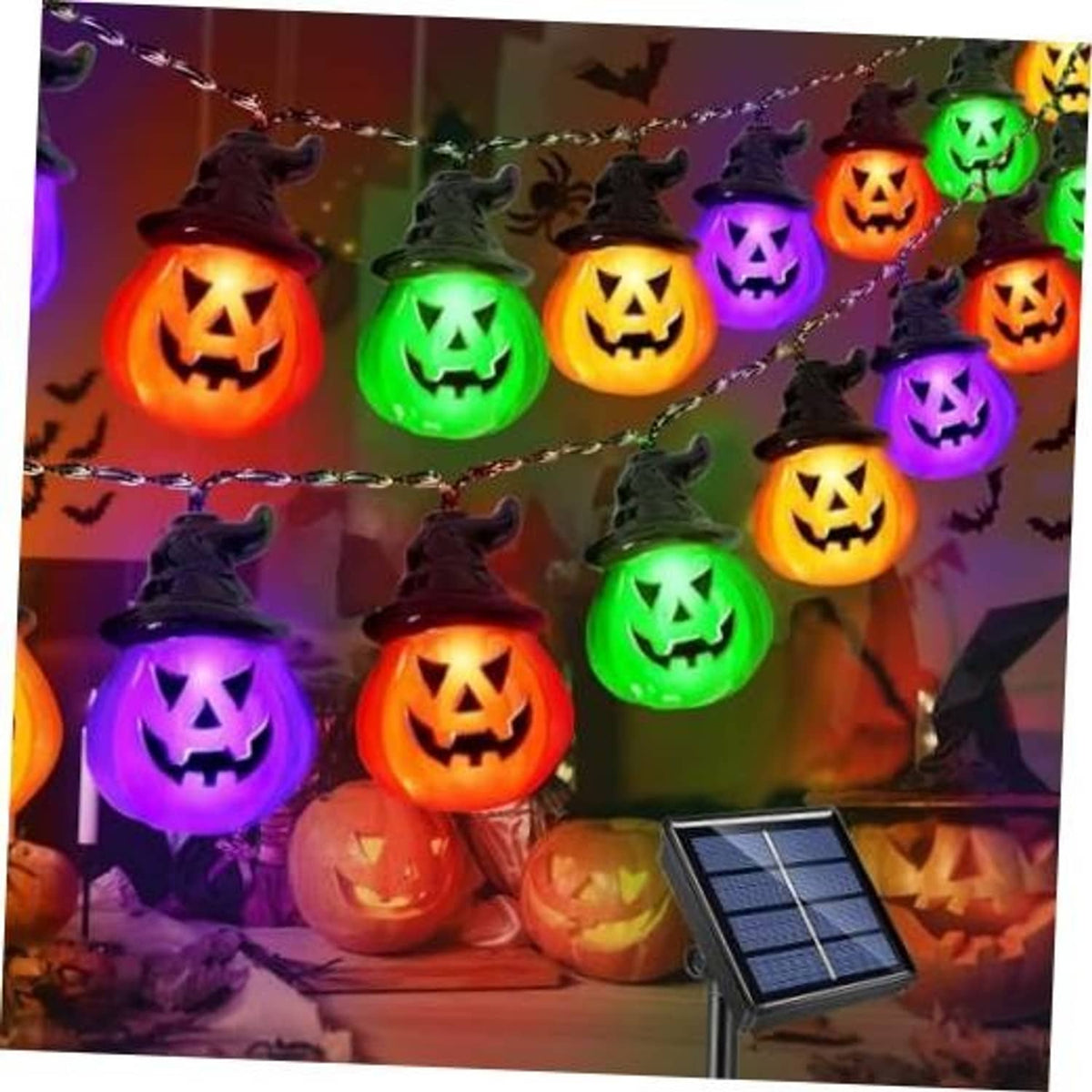 Solar pumpkin string lights with glowing jack-o'-lantern bulbs and an attached solar panel.