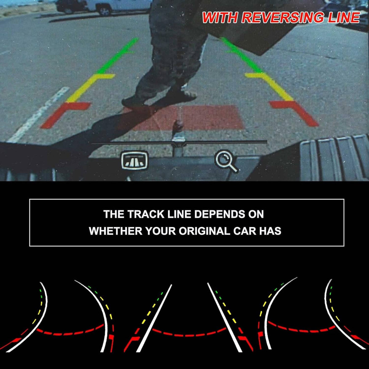 Backup camera view with parking track lines displayed on screen