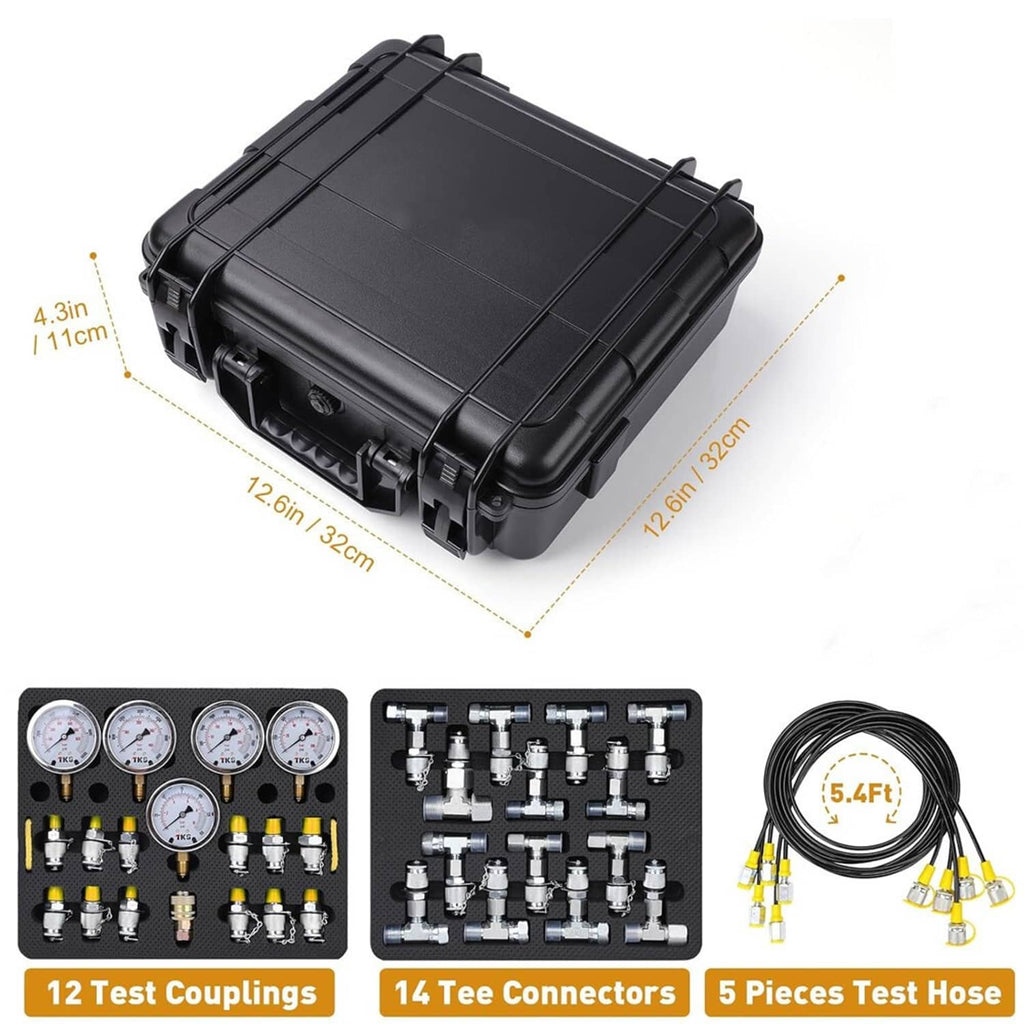 Black carrying case with five gauges, test hoses, and multiple connector fittings