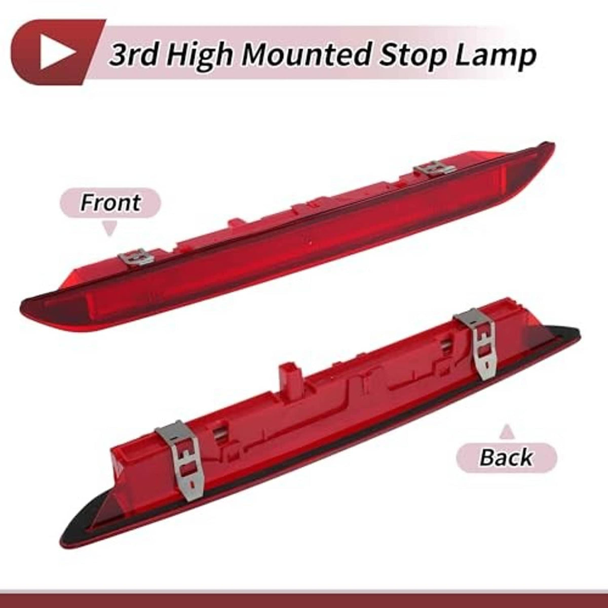 Red 3rd high mounted stop lamp shown with front and back housing