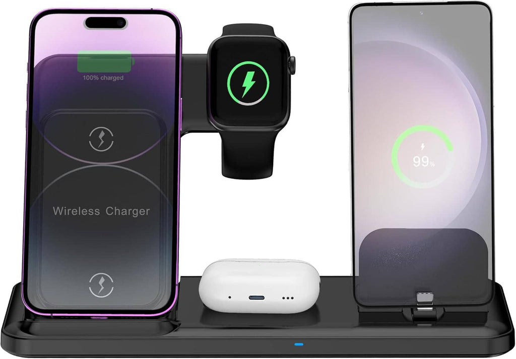 4-in-1 wireless charging station showing charging phones, smartwatch, and earbuds on base