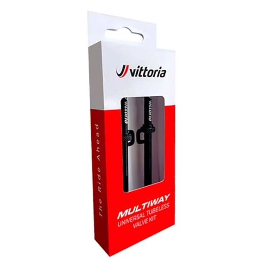 Vittoria Multiway universal tubeless valve kit box with two black valves visible