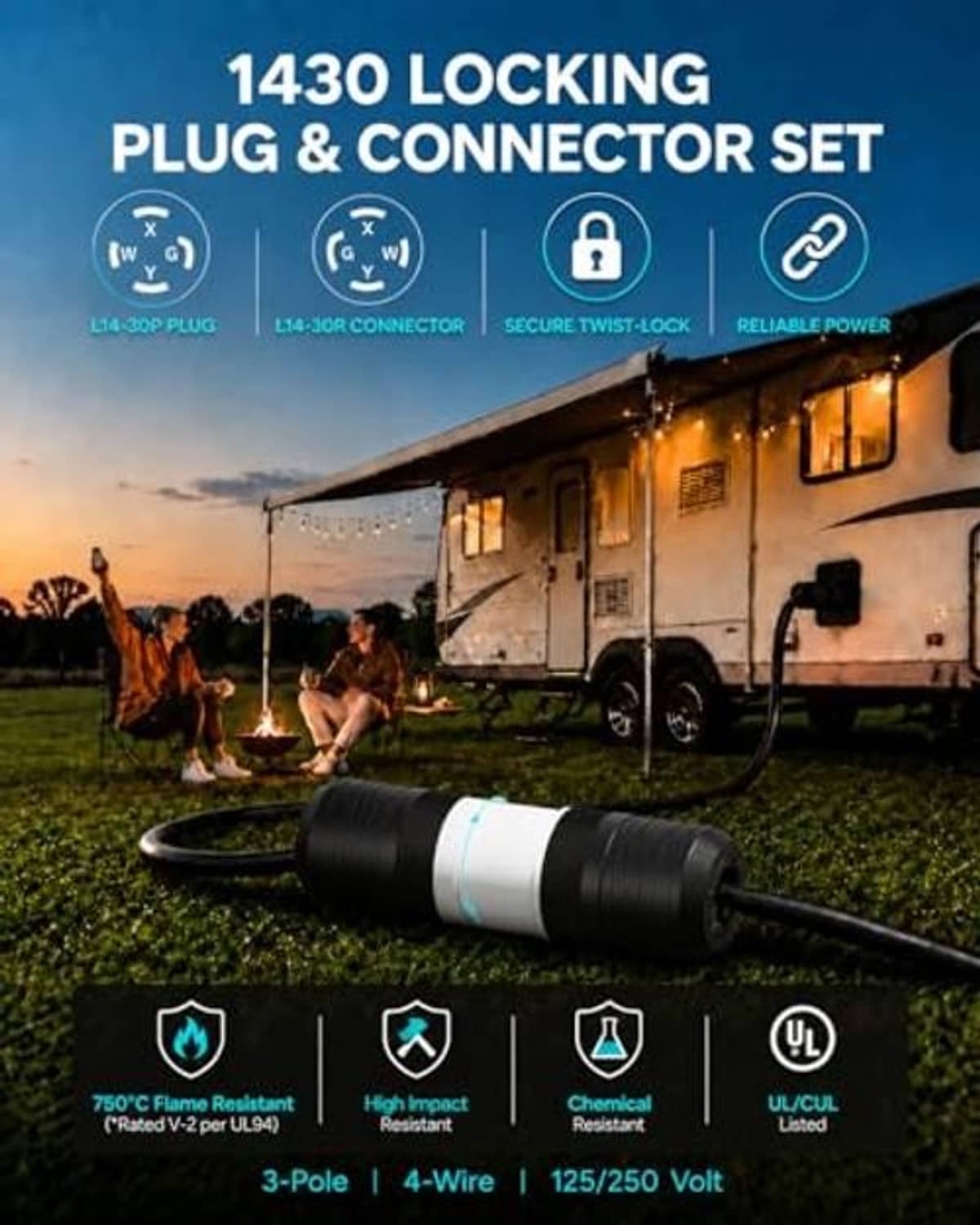 Twist-lock plug and connector with black cord and white end caps, outdoors on grass