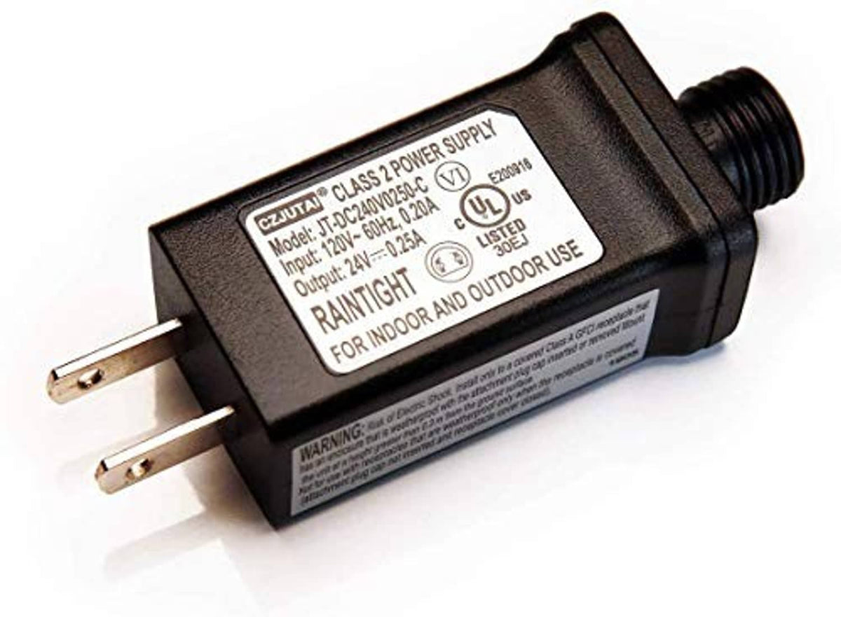Black 24V LED transformer power adapter with two-prong AC plug and barrel connector