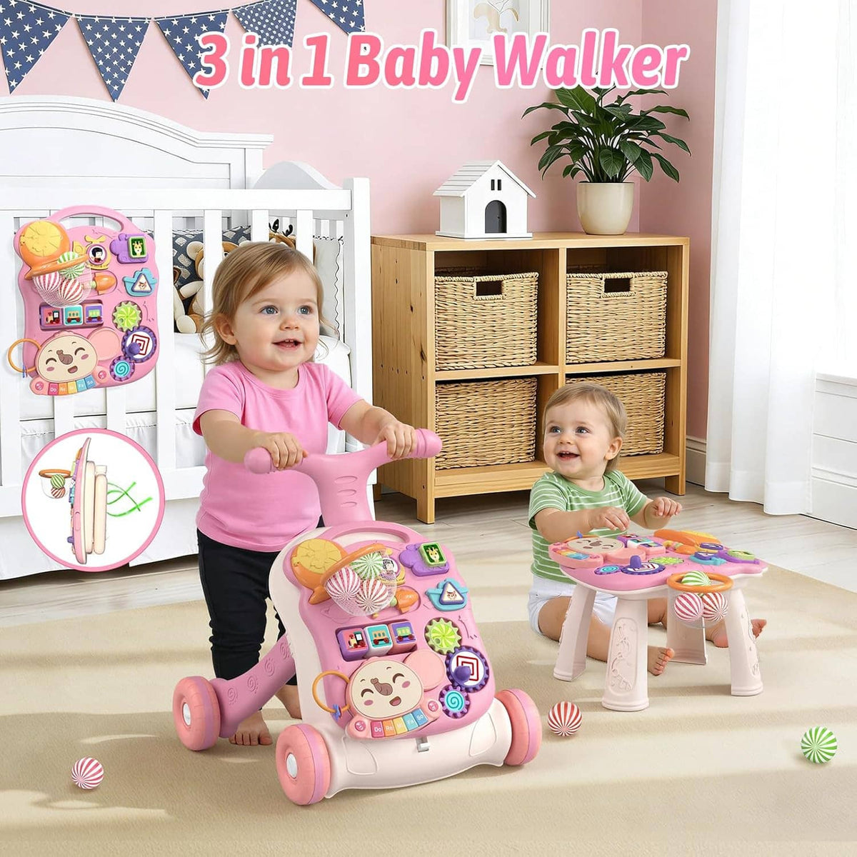 Pink 3-in-1 baby walker with activity tray, being used by toddlers indoors
