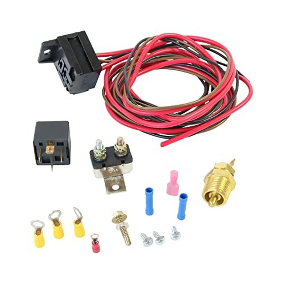 Electric cooling fan thermostat kit with red harness, temperature sensor, and blade relay modules