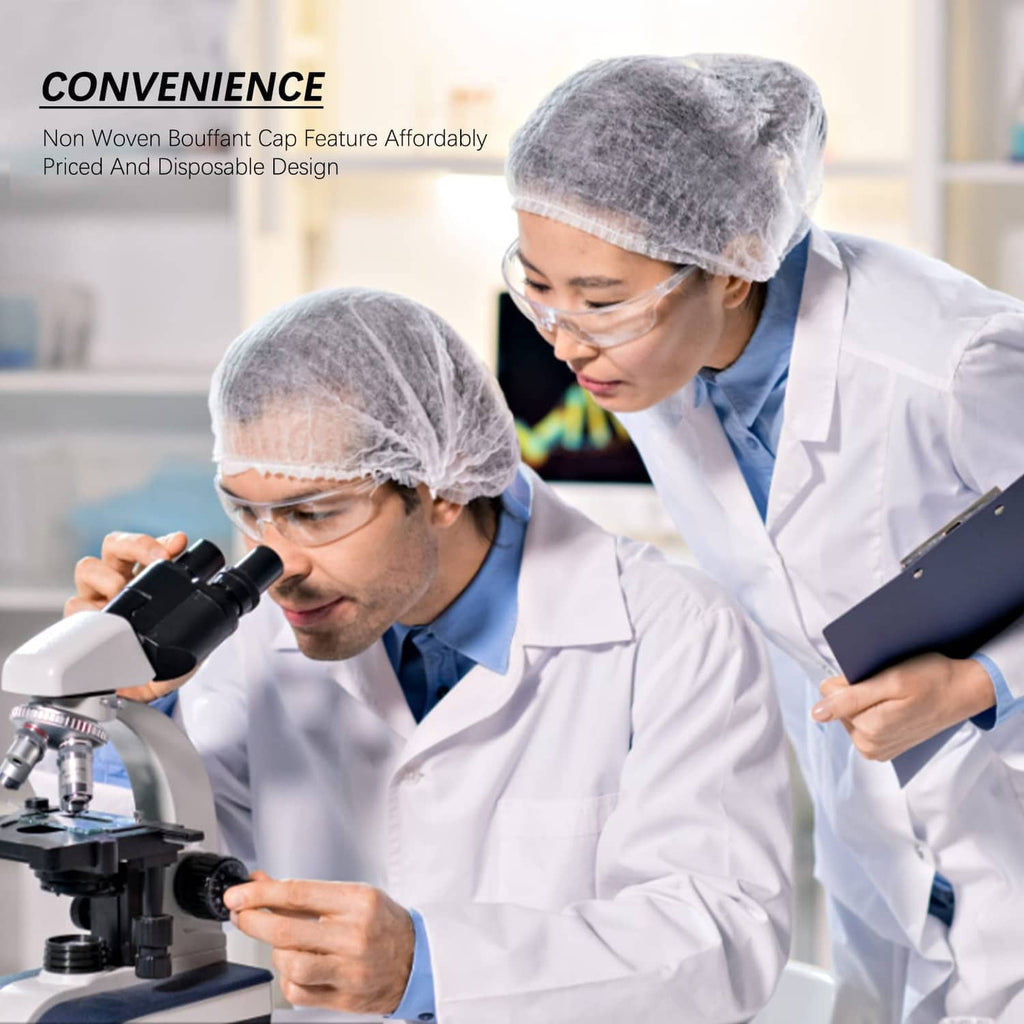 Disposable bouffant caps, gray fabric hair covers on lab staff