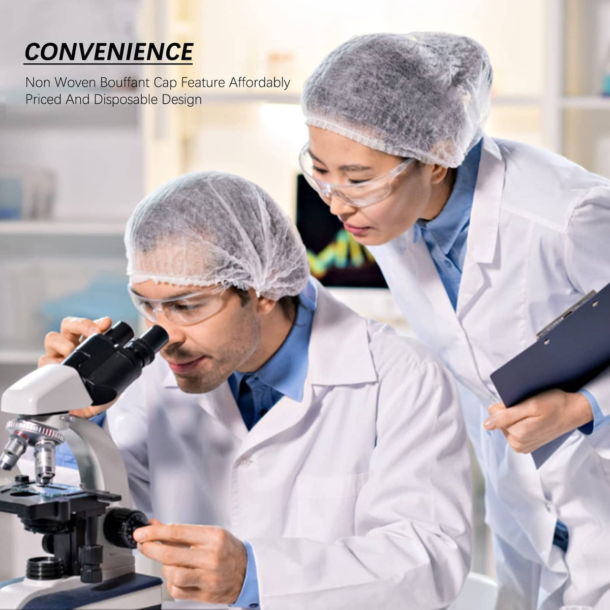 Disposable bouffant caps, gray fabric hair covers on lab staff