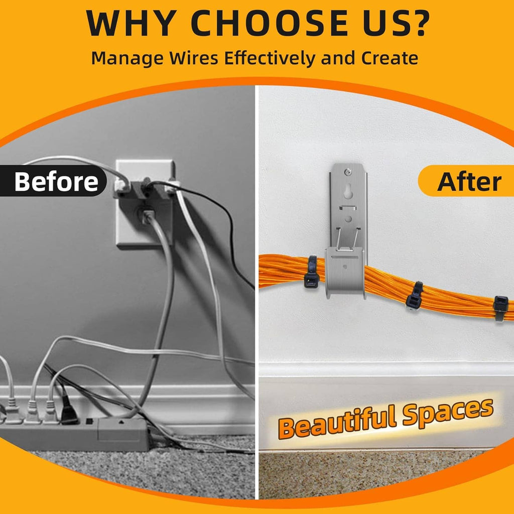Wall-mounted J hook holding an orange cable bundle with metal mounting brackets