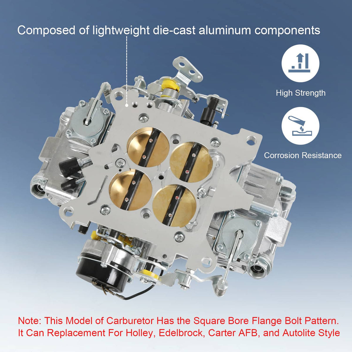 4-barrel die-cast carburetor with four gold throttle bores and mechanical parts