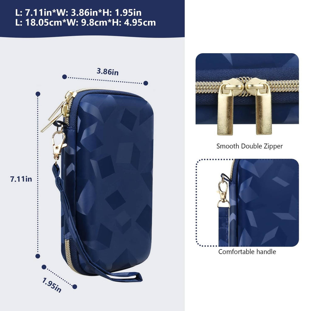 Navy hard shell game carrying case with gold double zipper and carry handle