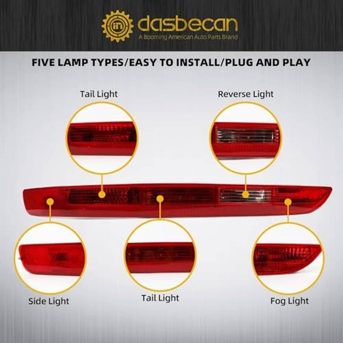 Red rear lamp assembly showing sections for tail, reverse, side, and fog lights