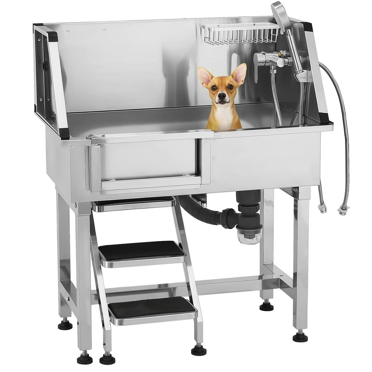 Stainless steel pet grooming tub with non-slip stairs and faucet sprayer fittings