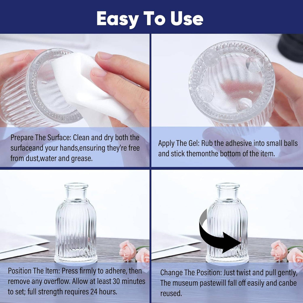 Museum paste instructions showing hand forming gel balls and applying adhesive to items