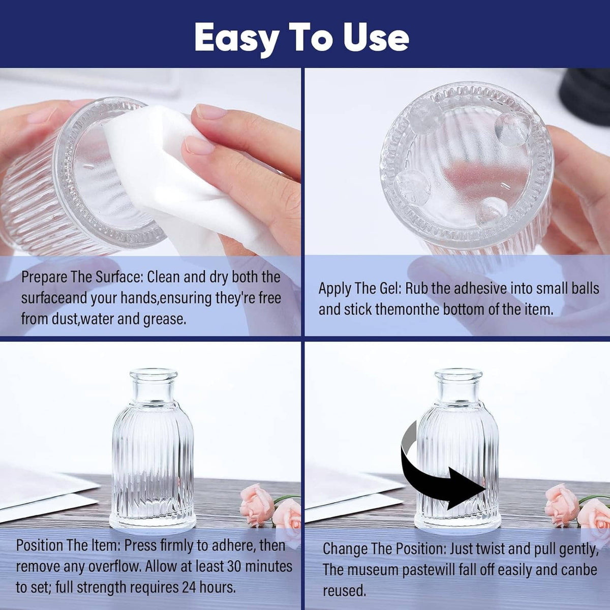 Museum paste instructions showing hand forming gel balls and applying adhesive to items