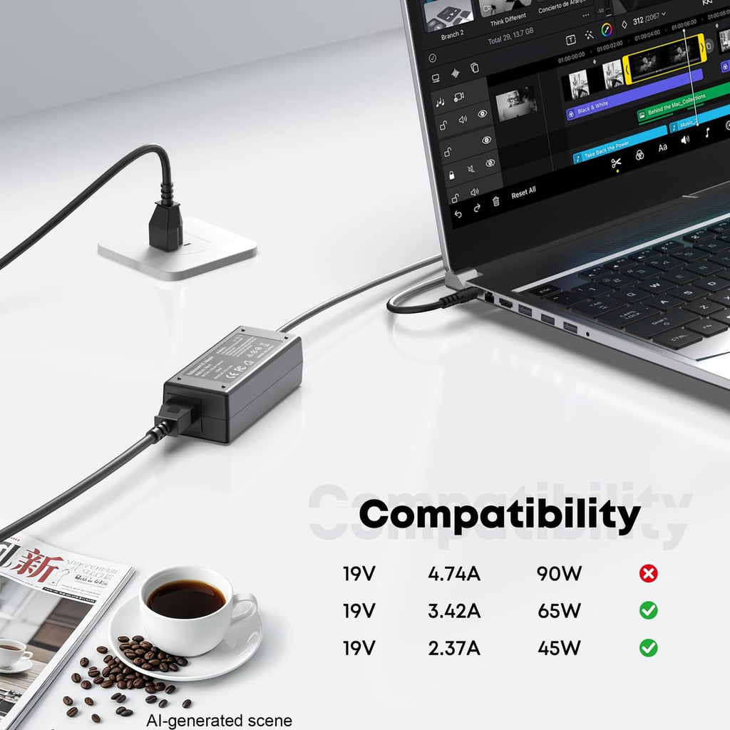 Black laptop charger adapter connected to a laptop via DC power cable.