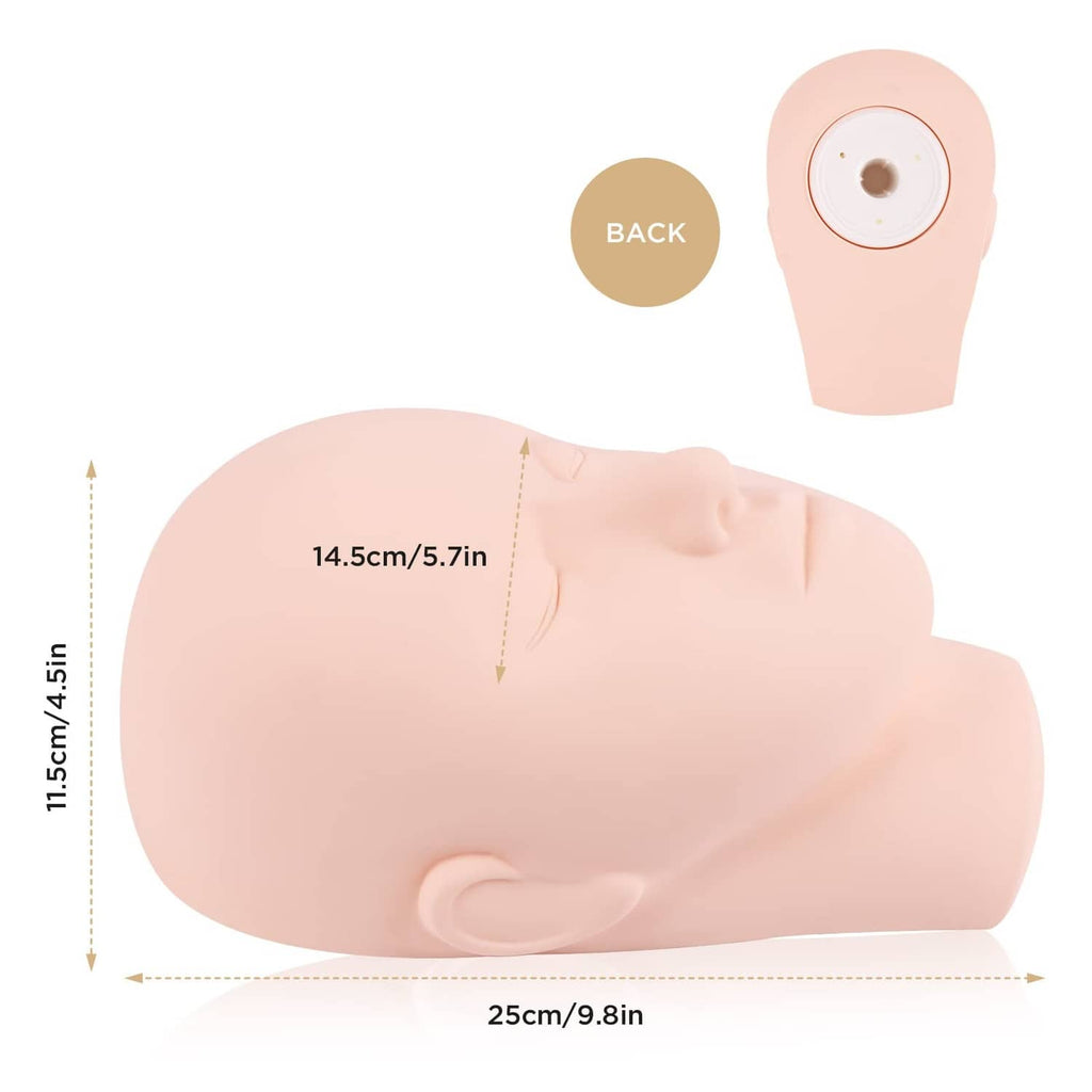 Beige lash practice mannequin head lying down with molded face features