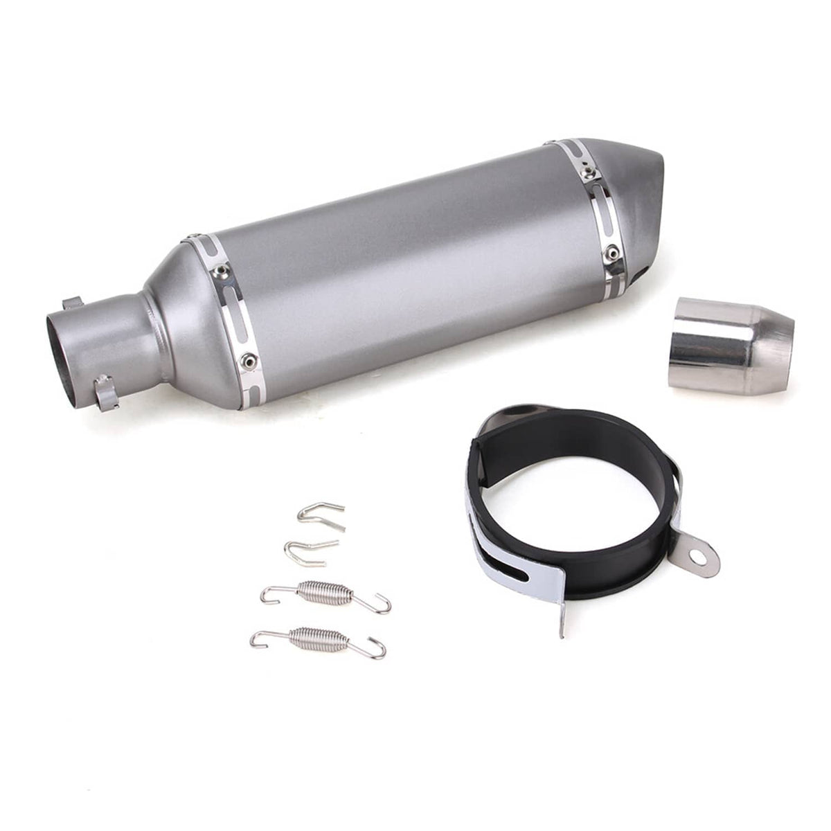Motorcycle exhaust muffler silencer kit: silver canister, clamp ring, end cap, and spring clips
