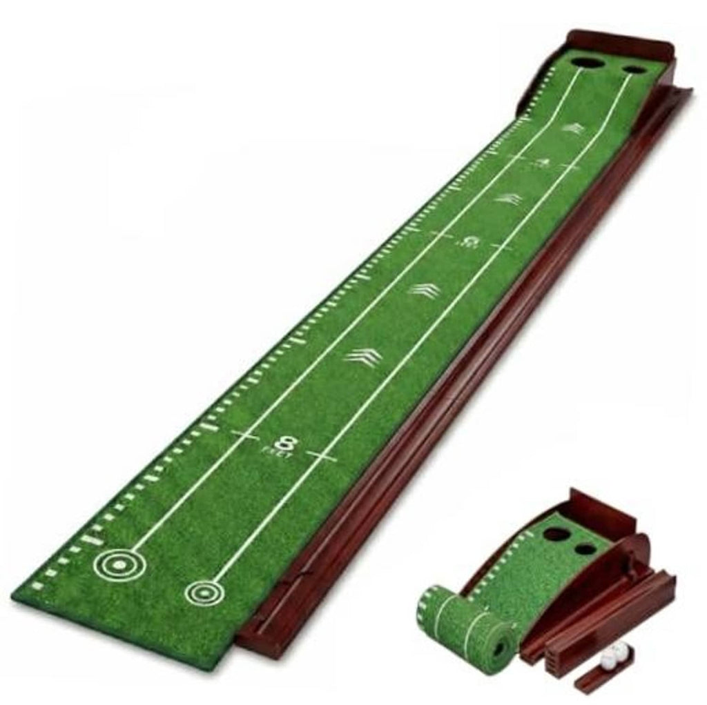 Indoor putting green mat, green carpet surface with alignment lines and two holes