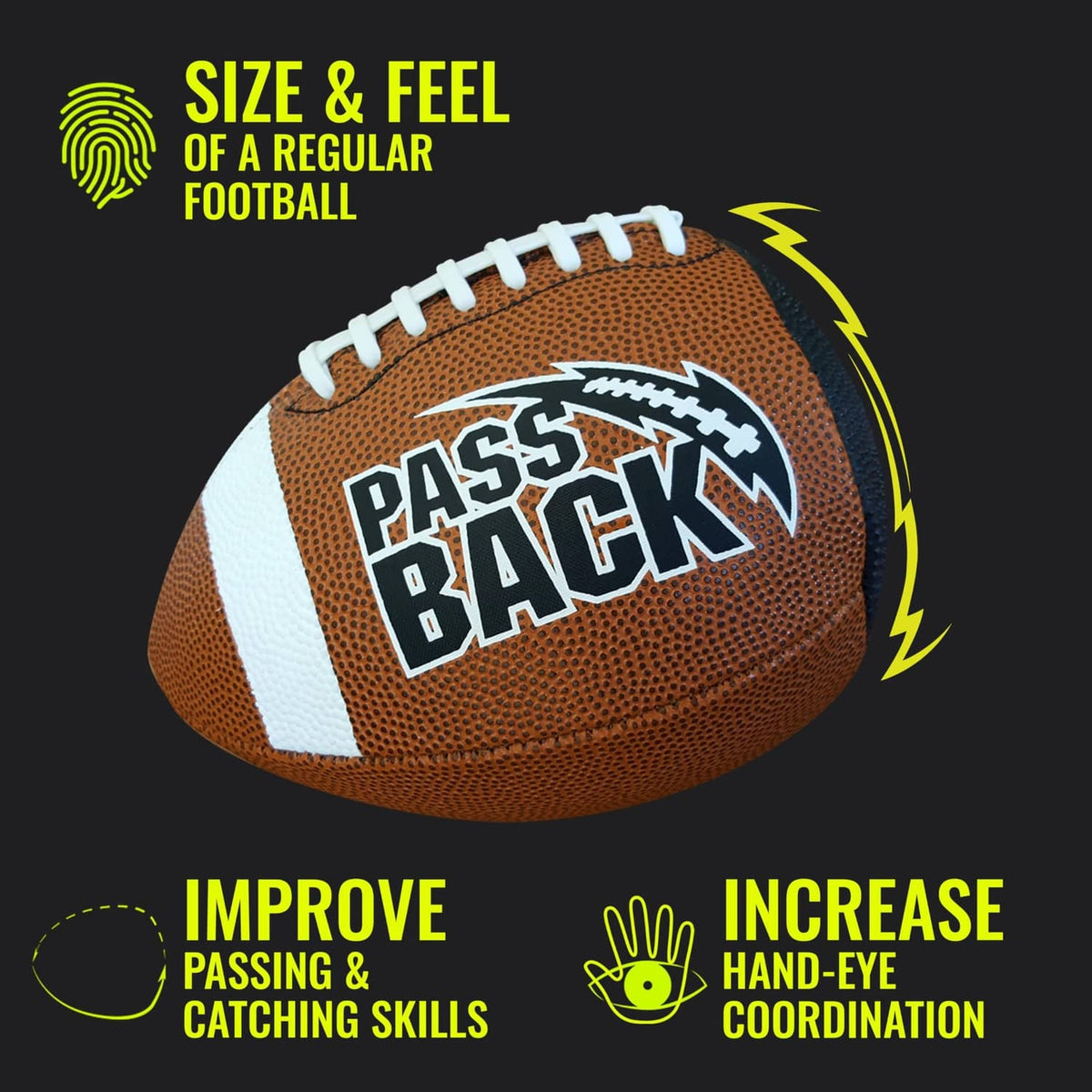 Size and feel guide graphic for regular football; shows Pass Back youth ball