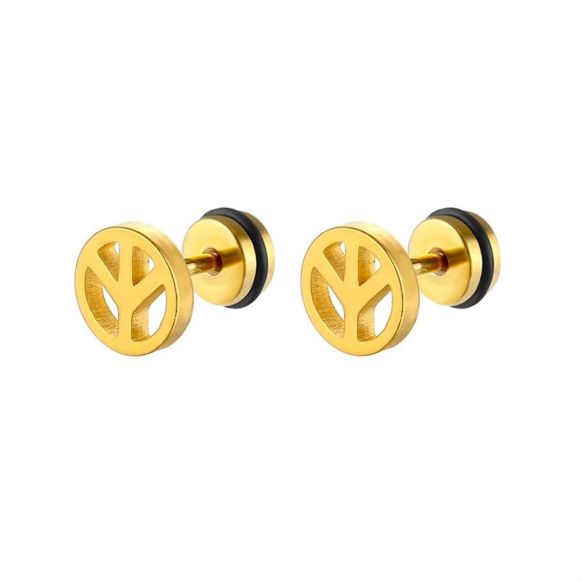 Pair of gold peace sign stud earrings, round front discs with black posts