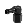 Black 90-degree swivel hose fitting adapter with female AN6 and 3/8 barb ends