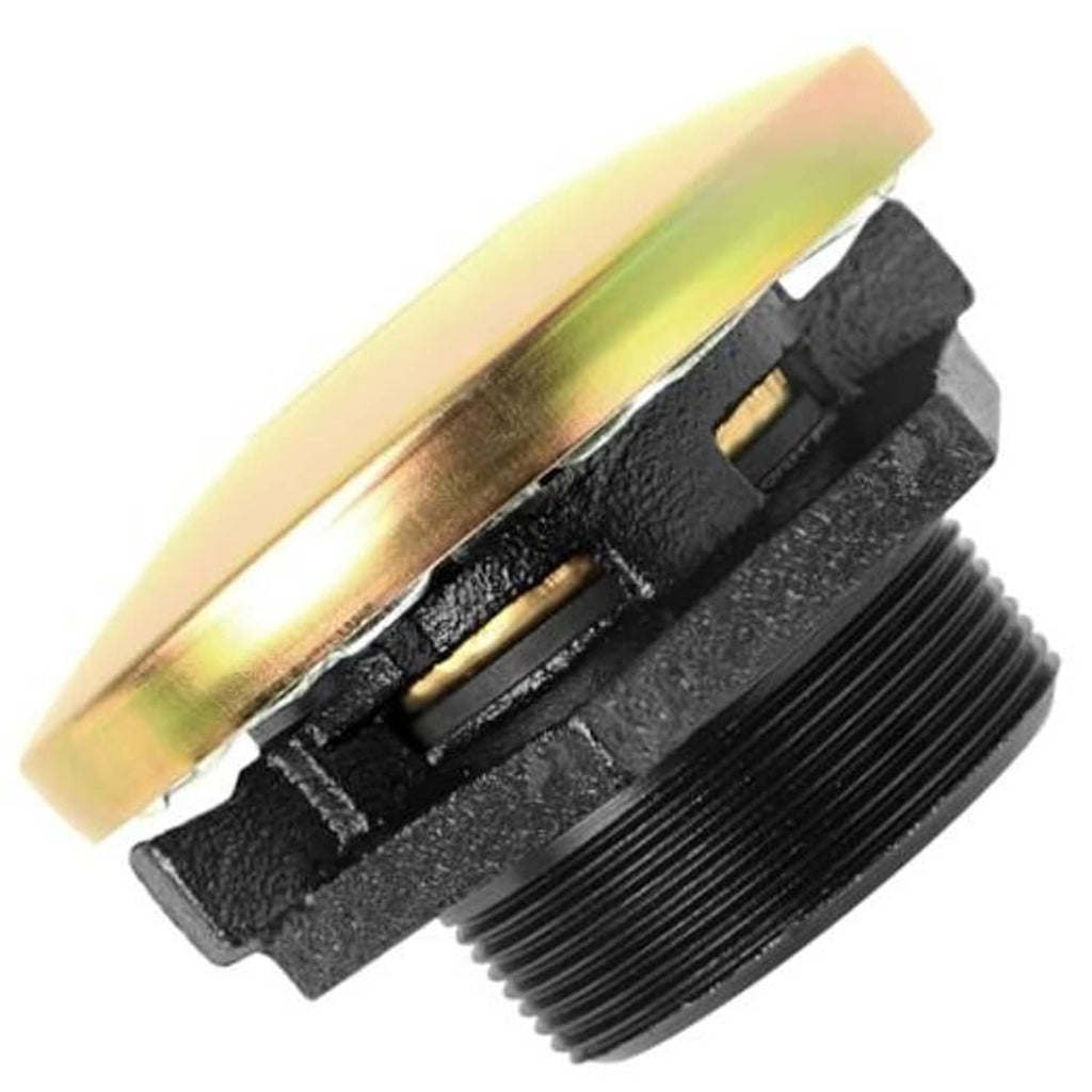 Close-up of vented fuel cap: gold-toned top, black body, and threaded screw-in neck