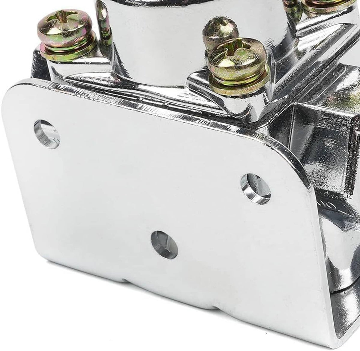 Chrome fuel pressure regulator base plate with mounting holes and machined edges
