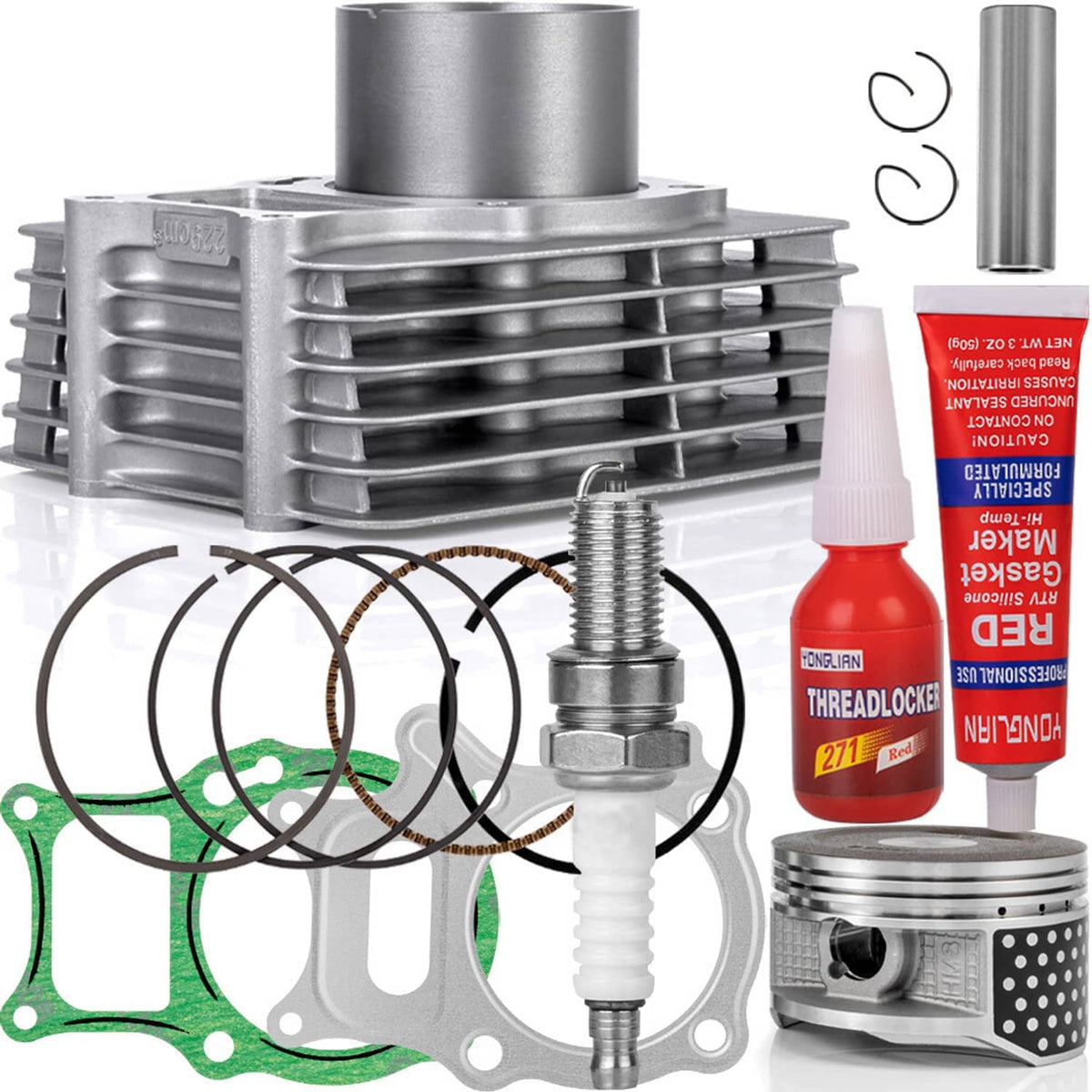 Cylinder piston gasket top end kit with silver cylinder, piston rings, and gaskets