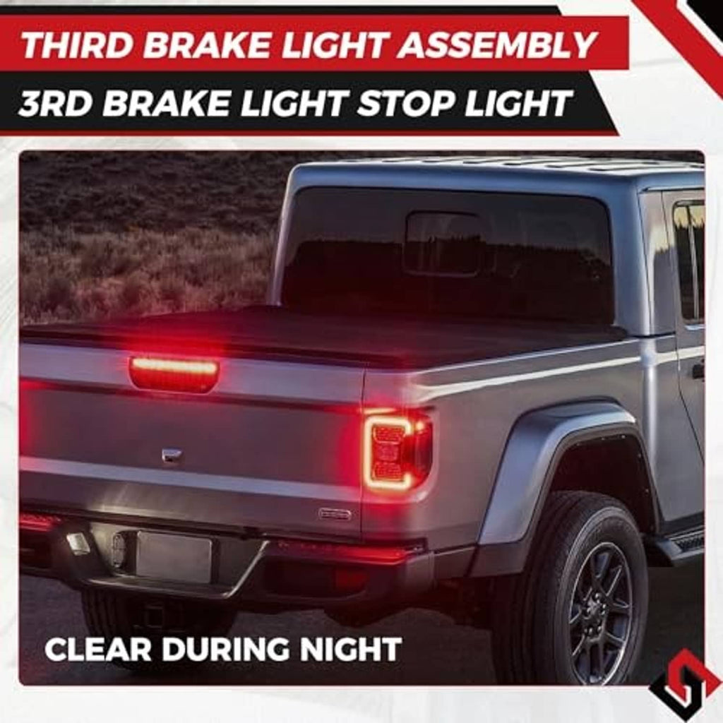 Installed third brake light stop light showing red LED bar on rear of truck
