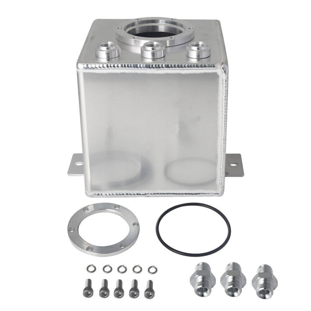 Aluminum fuel surge tank kit with flange gasket, black O-ring, and assorted threaded adapters