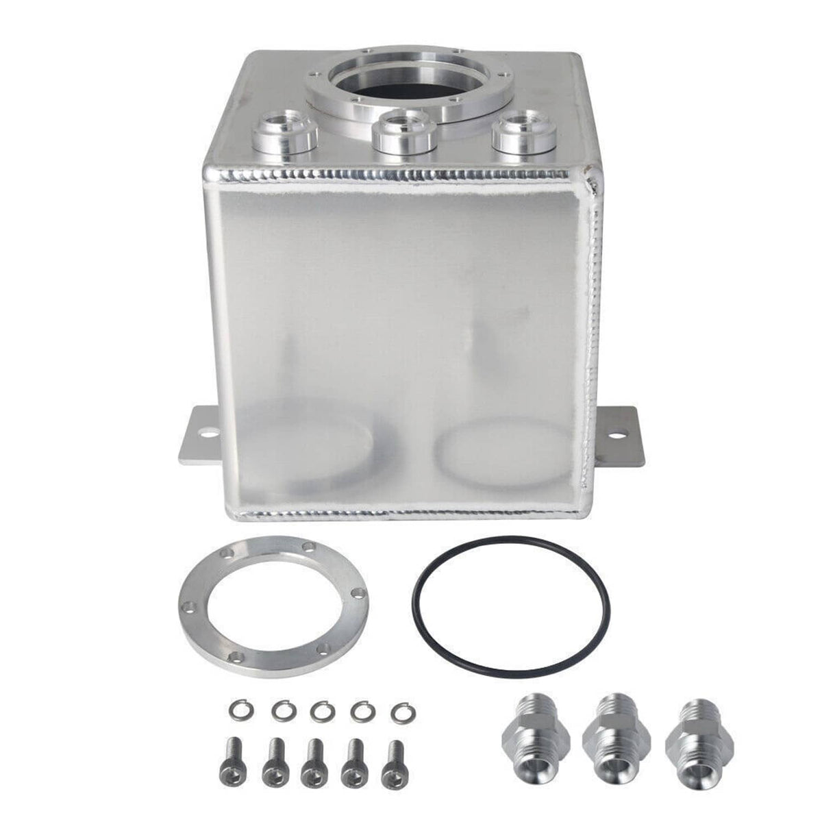 Aluminum fuel surge tank kit with flange gasket, black O-ring, and assorted threaded adapters
