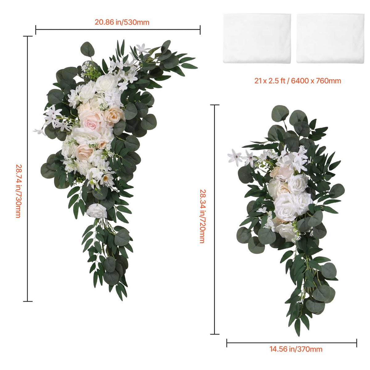 Artificial arch flower garlands with white drape fabric panels, set size shown