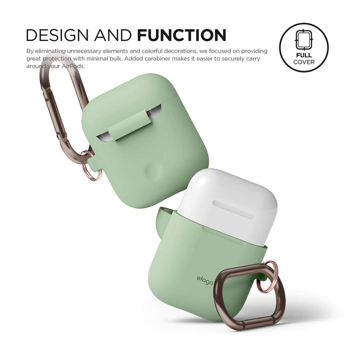 Mint green silicone AirPods case with carabiner, shown open and closed