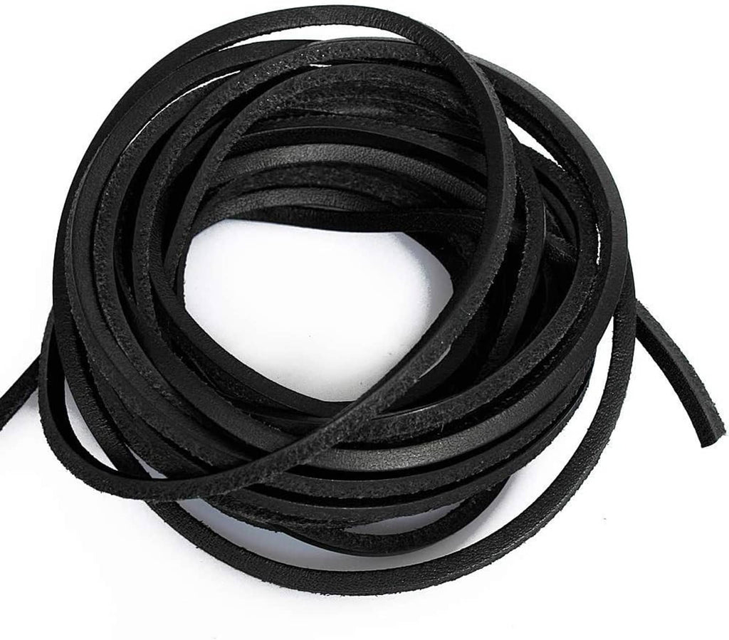 Coiled black flat leather braiding cord string with smooth edges and looped ends