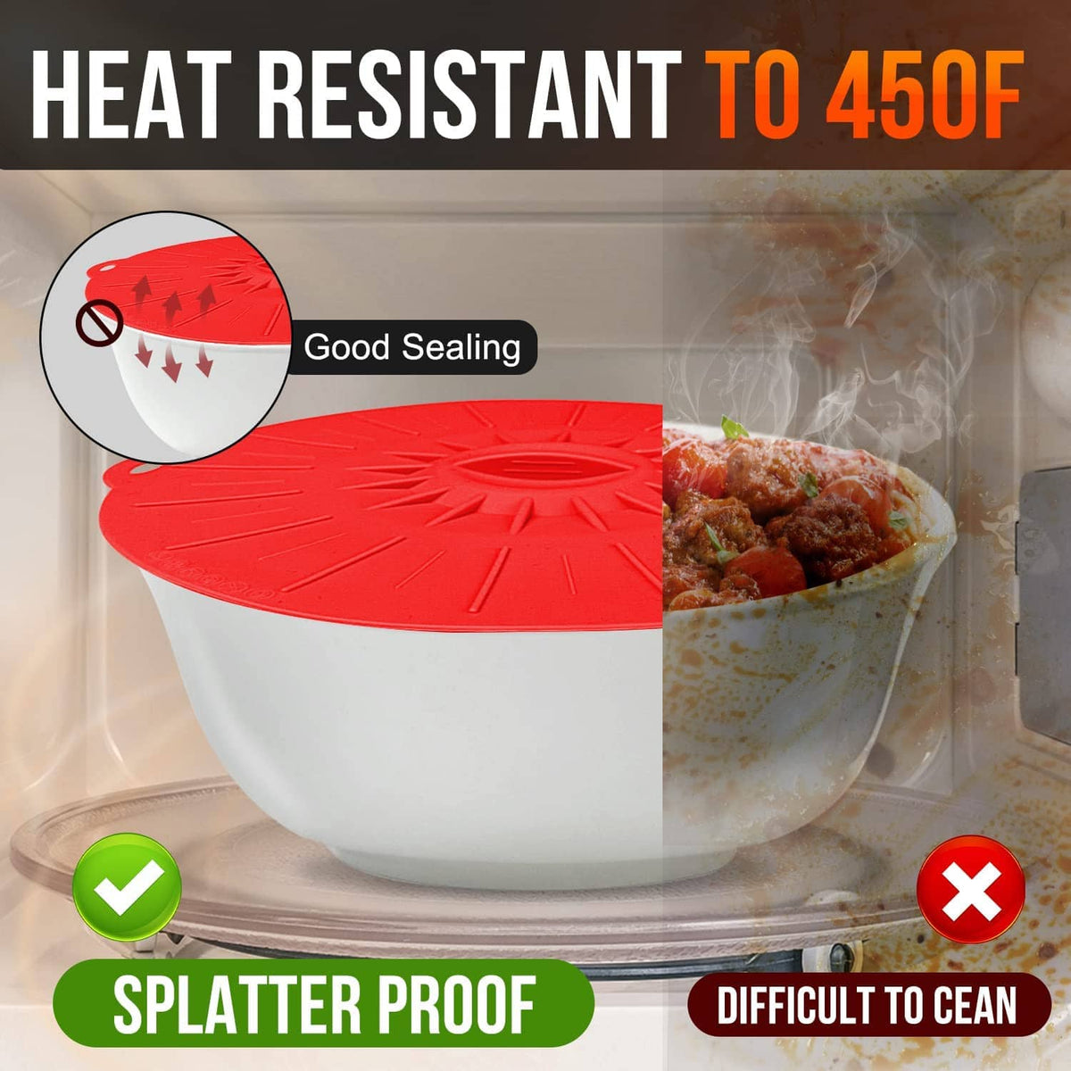 Red silicone splatter lid with raised rim and vent pattern for covering bowls in microwave