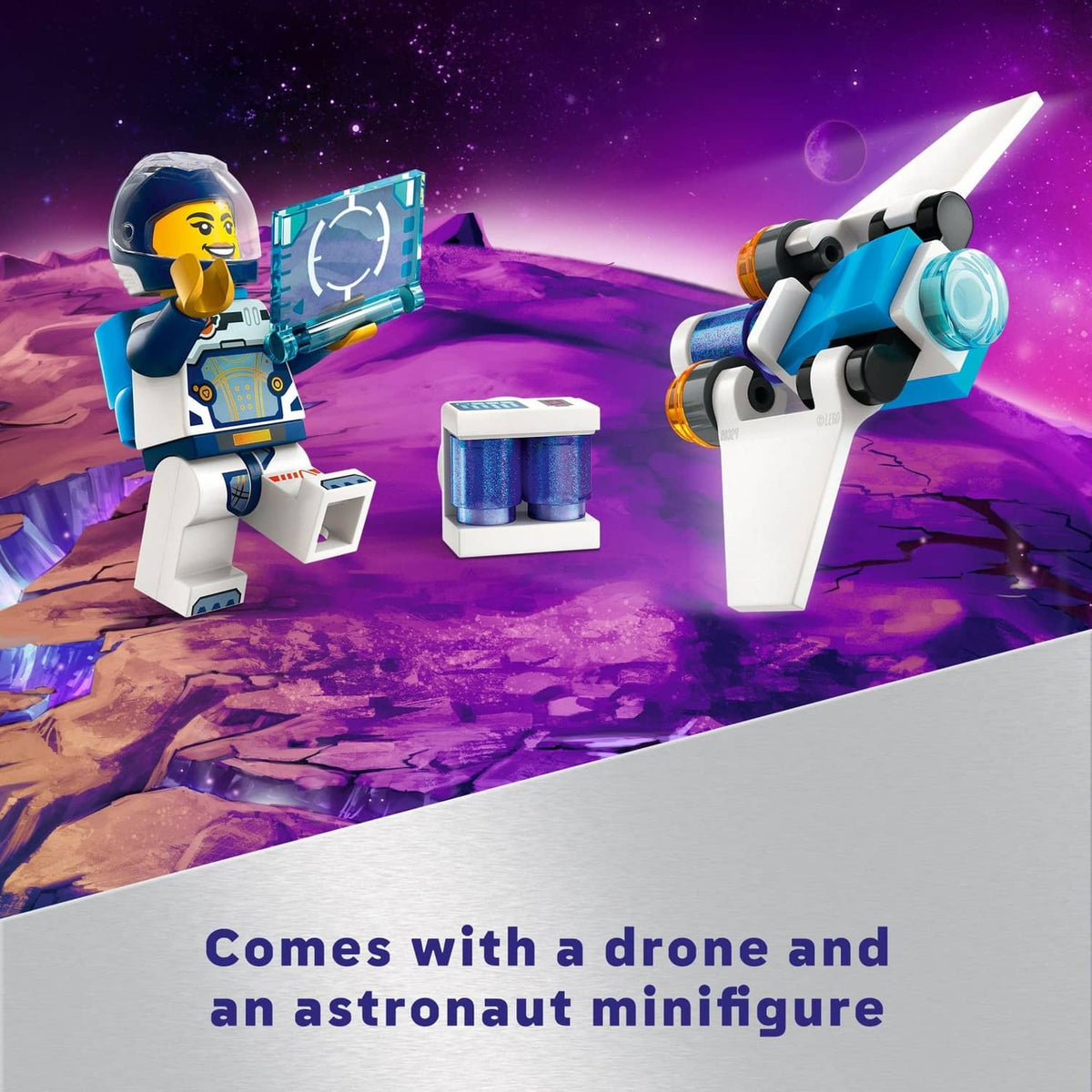 Astronaut LEGO minifigure with blue drone and interstellar spaceship toy