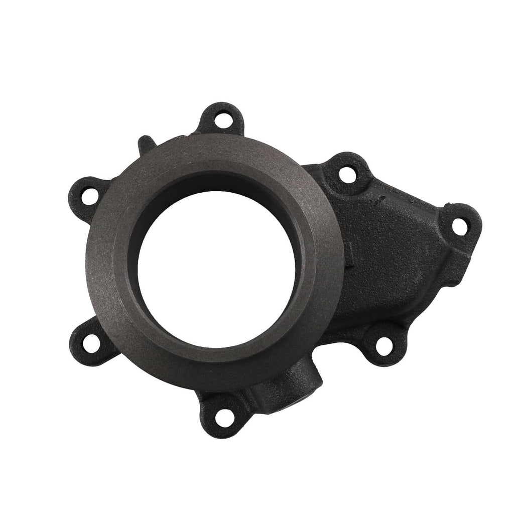 Turbo exhaust housing pedestal with round flange and four mounting holes, dark finish