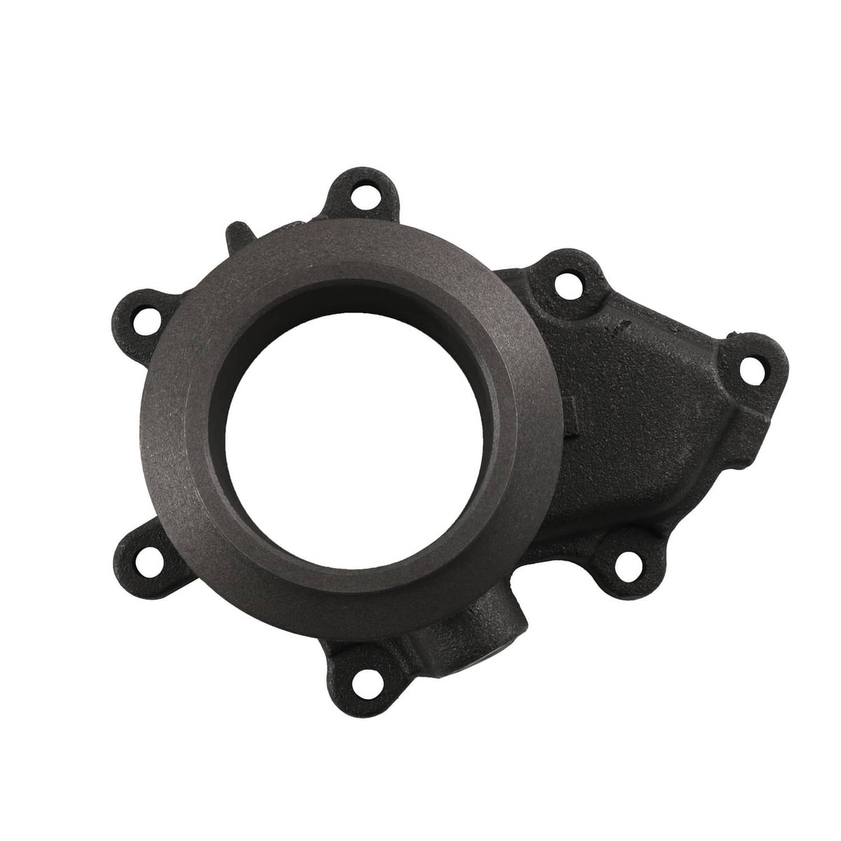 Turbo exhaust housing pedestal with round flange and four mounting holes, dark finish