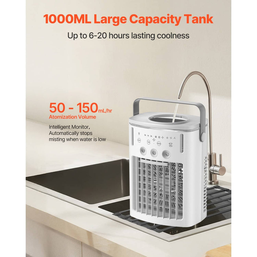 Portable air cooler with side water fill spout, white body and front grille cooling vents